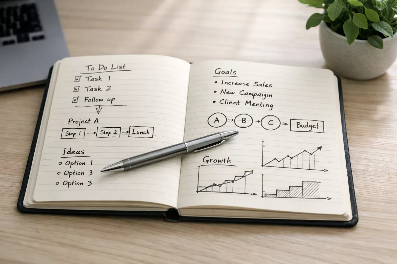 Blocco notes con penna su una scrivania per annotare budget e strategie