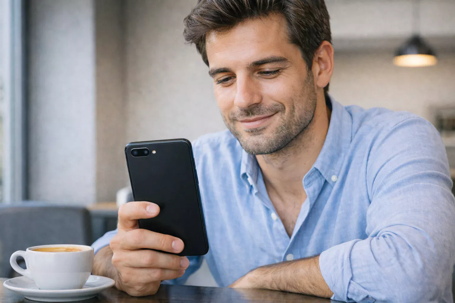 Uomo sorridente che completa la registrazione su uno smartphone