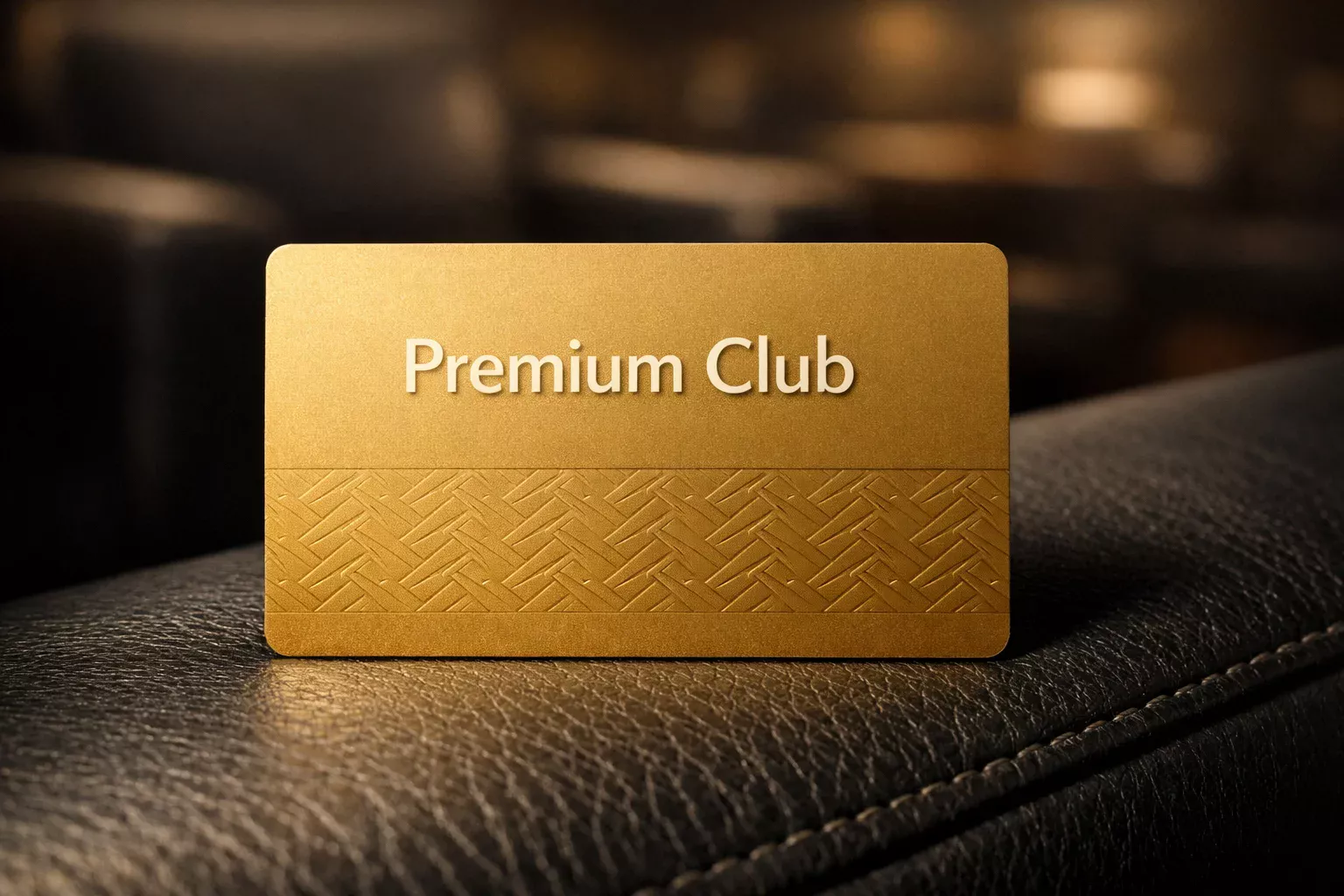 Tessera fedeltà dorata su un tavolo con sfondo sfocato di stadio