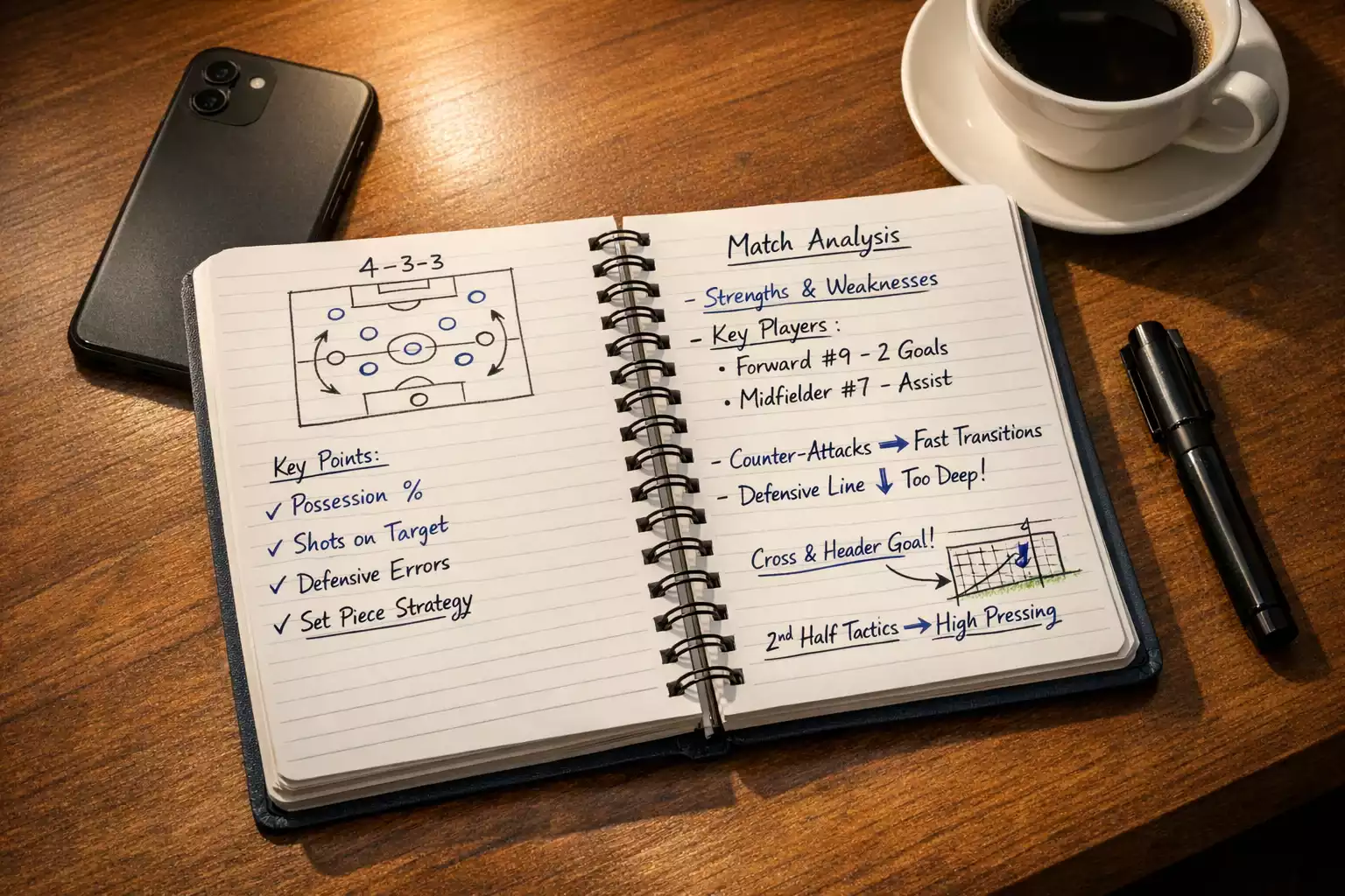 Taccuino aperto con appunti e statistiche di partite di calcio
