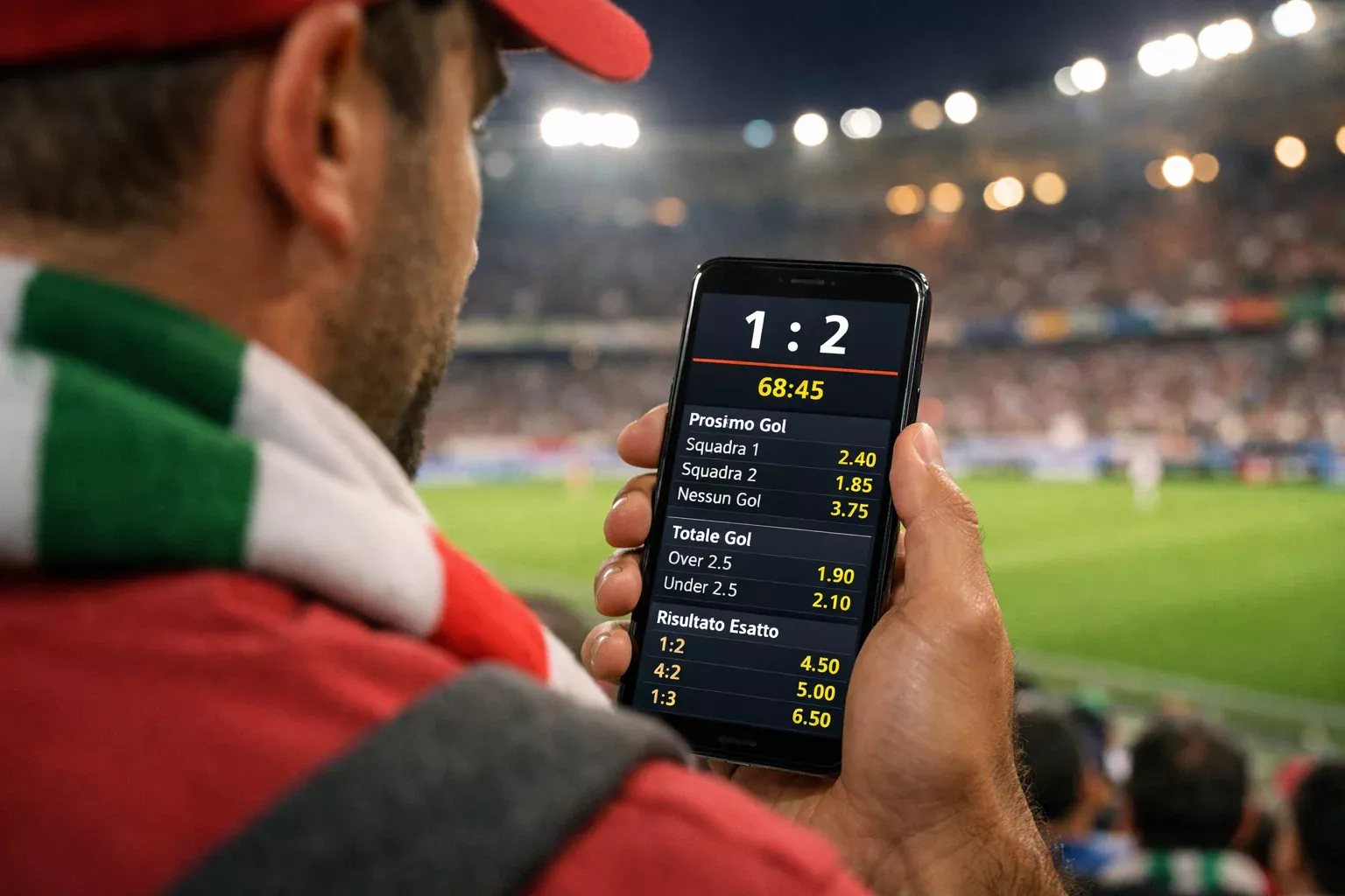Tifoso che guarda una partita di calcio sul telefono in uno stadio