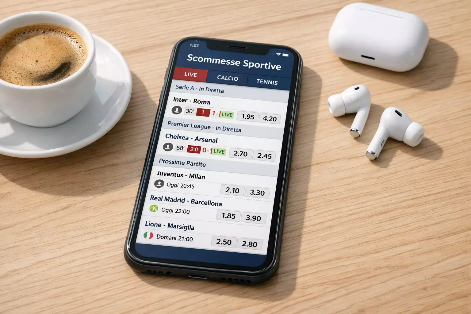Smartphone moderno su una scrivania con schermata di scommesse calcio