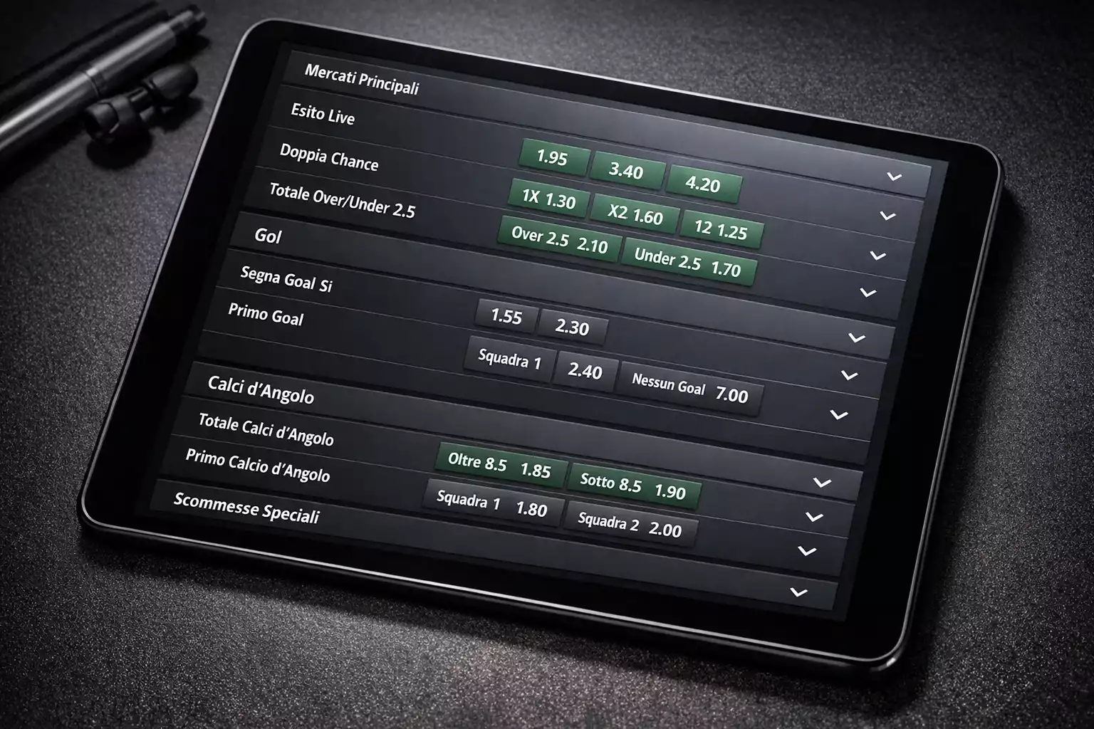 Interfaccia di scommesse con diversi mercati disponibili per una partita
