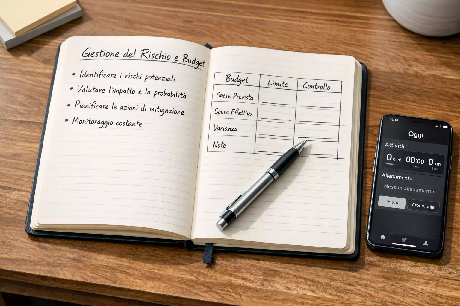 Blocco note con budget scritto a mano accanto a uno smartphone