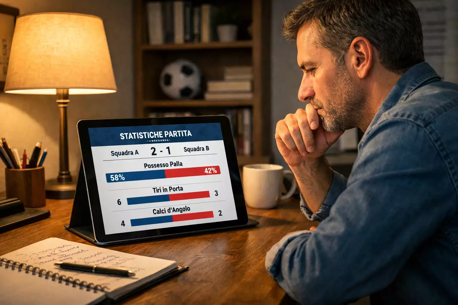 Persona concentrata che analizza statistiche di calcio su tablet