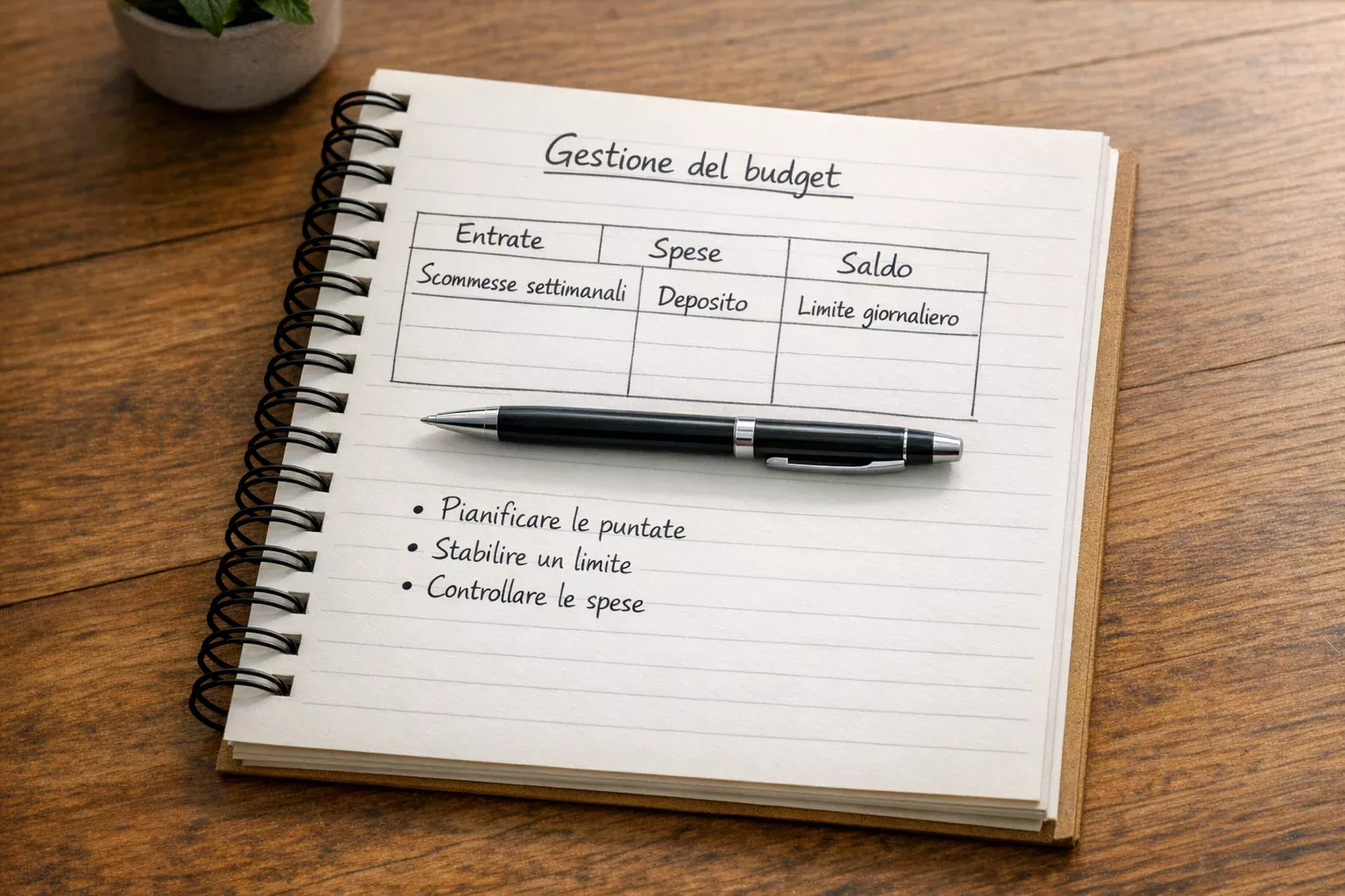 Taccuino aperto con budget scritto a mano e penna