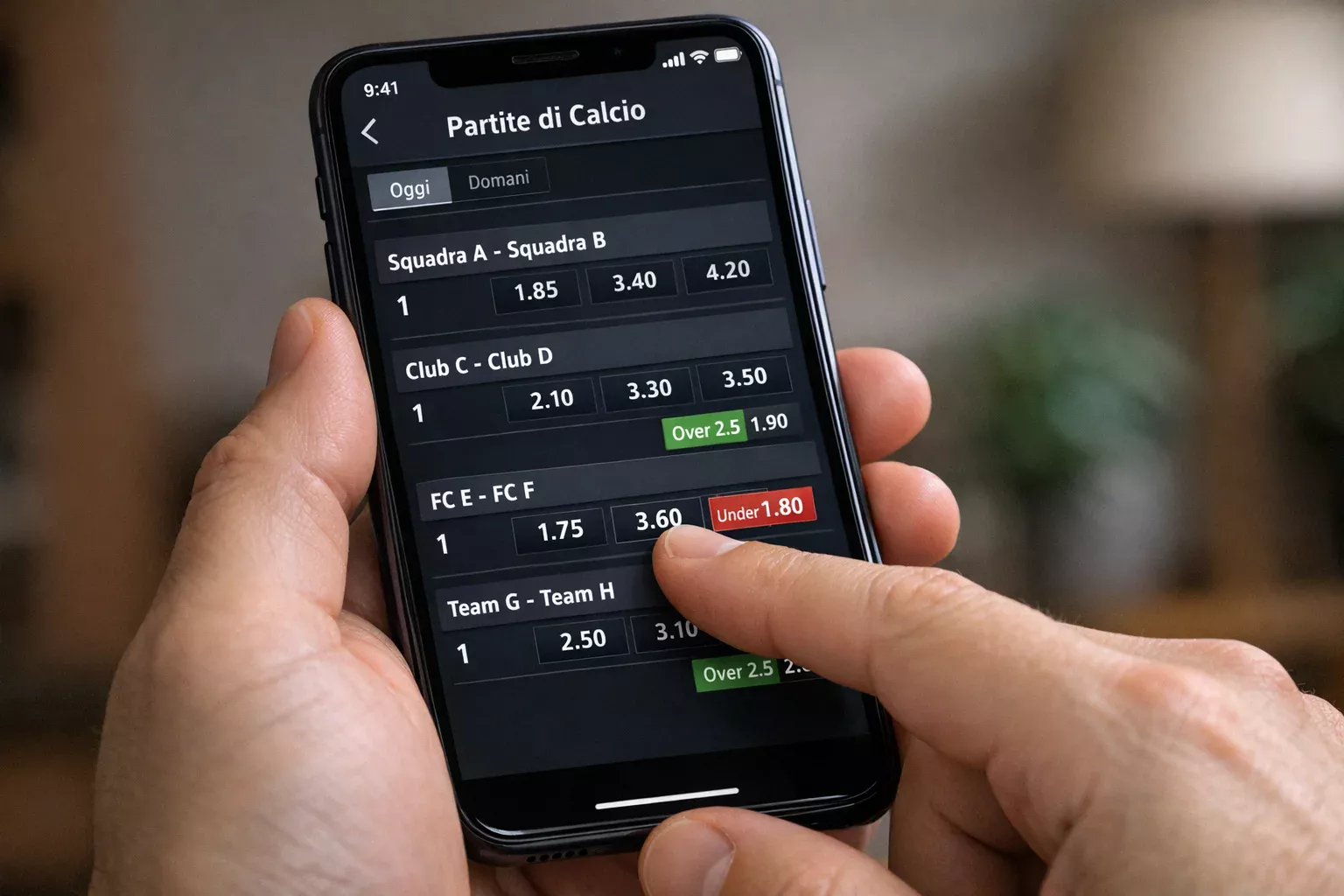 Mano che seleziona una partita di calcio su uno smartphone