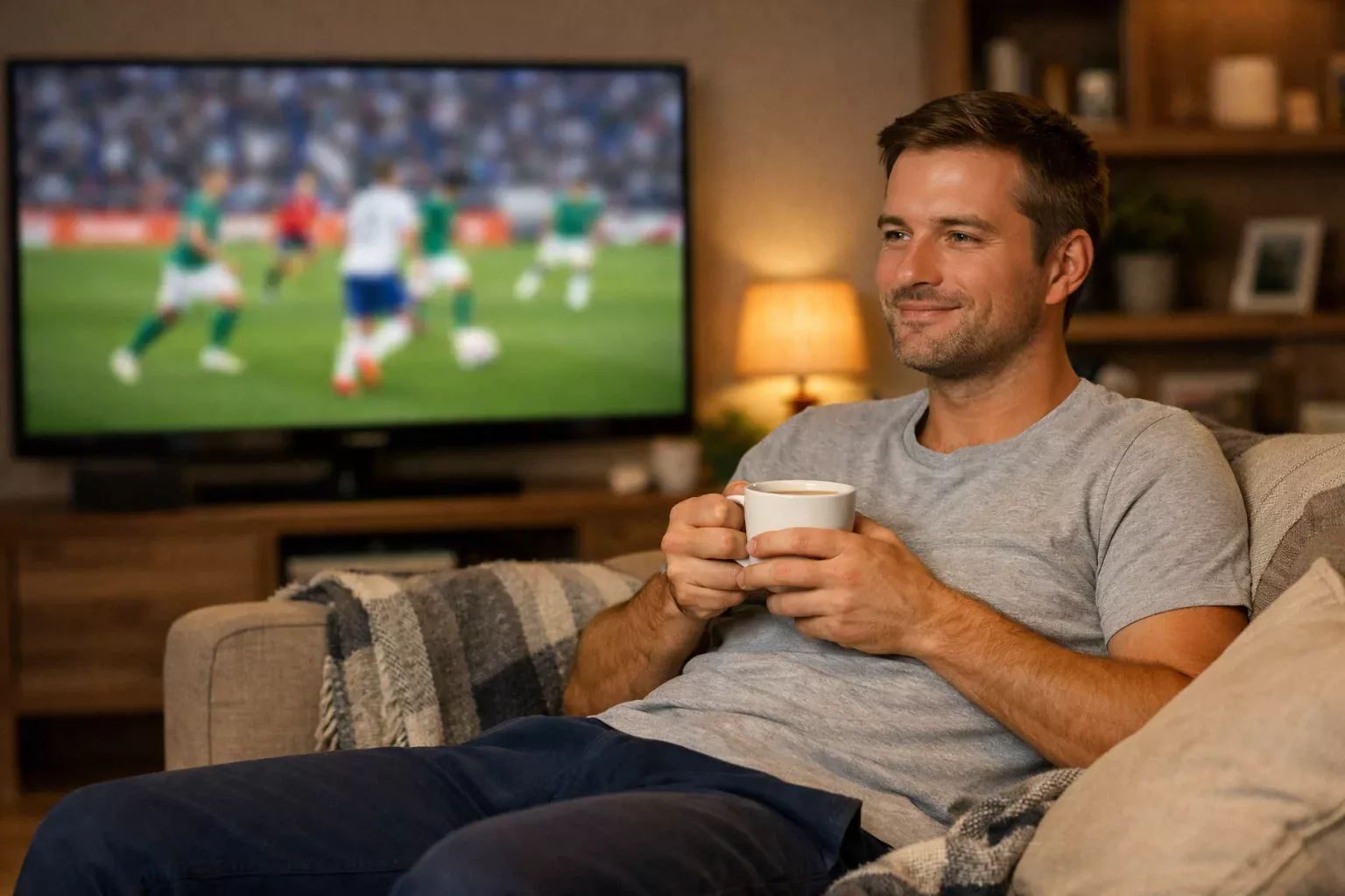 Persona rilassata che guarda calcio in TV con un caffè