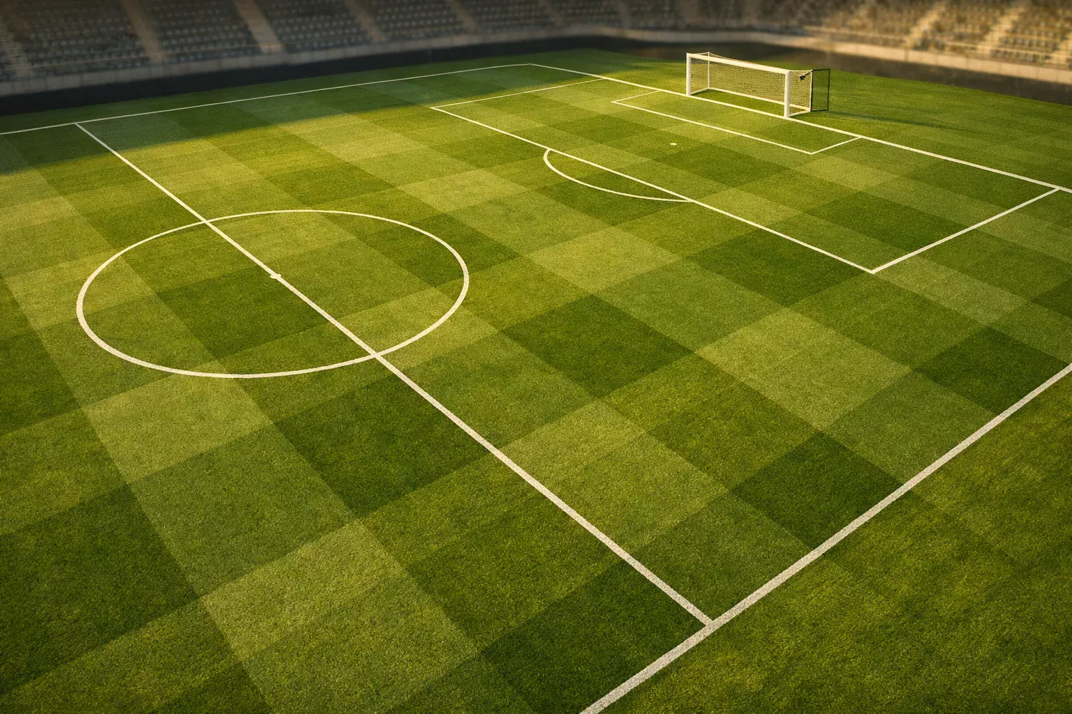 Campo da calcio con linee bianche visto dall'alto durante una partita