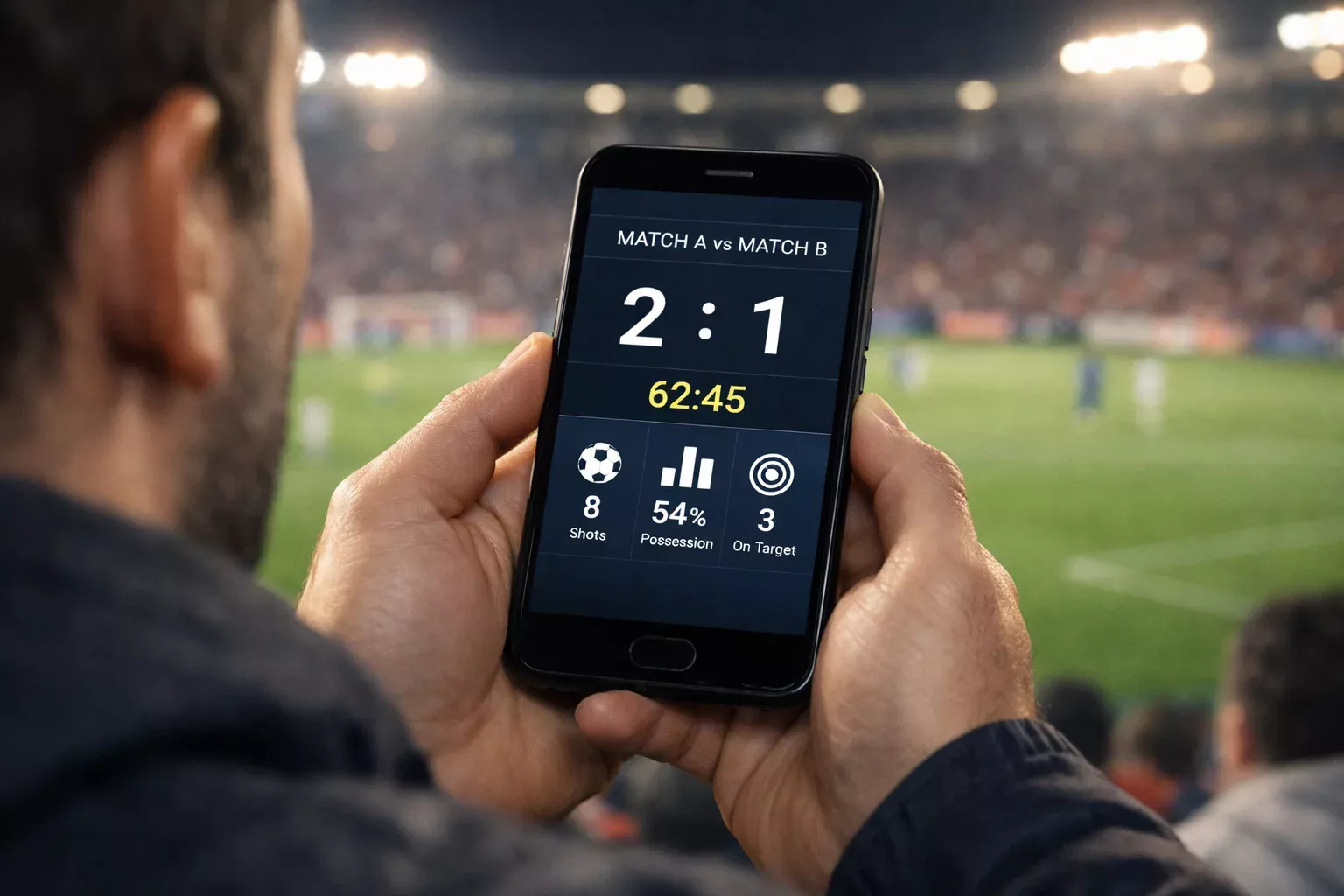 Smartphone che mostra risultati sportivi durante una partita di calcio in uno stadio
